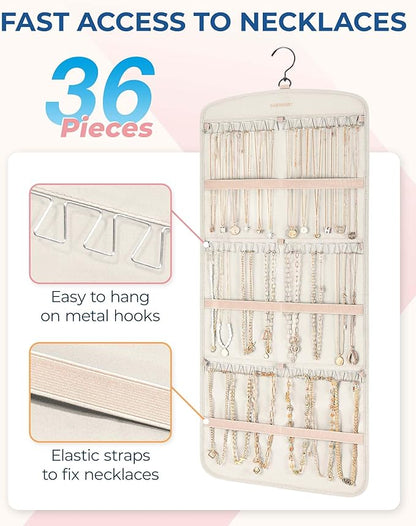 BAGSMART Hanging Jewelry Organizer, Necklace Holder Anti-tangle Earrings Rings Hanger with Pockets Hang on Closet, Wall, Door,1 Piece, Large Beige