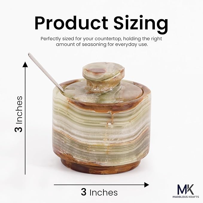 MARBLOUS KRAFTS Marble Salt Cellar with Lid & Spoon 3" Green Onyx Seasoning Container, Spice Holder, and Salt Bowl for Countertop, Perfect for Kitchen Storage, Sugar Jar, and Gift for Her