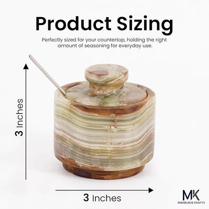 MARBLOUS KRAFTS Marble Salt Cellar with Lid & Spoon 3" Green Onyx Seasoning Container, Spice Holder, and Salt Bowl for Countertop, Perfect for Kitchen Storage, Sugar Jar, and Gift for Her