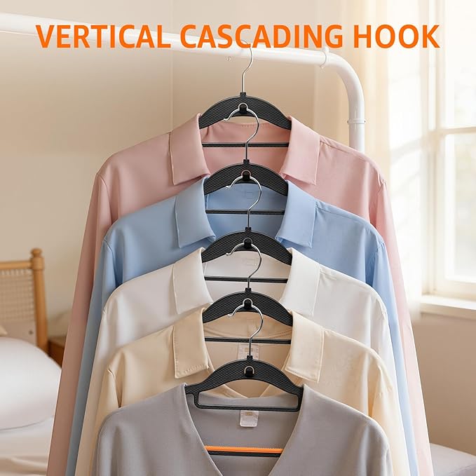 Yolife Cascading Plastic Clothes Hangers 10 Pack with Inner Hook for Vertical Storage, Slim Space Saving Hangers with Non-Slip Pads, 360° Swivel Metal Hook, Versatile, Black & Orange