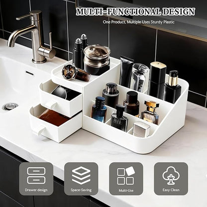 White Perfume Organizer for Men with Drawers, Cologne Organizer for Men, Mens Organizer for Cologne and Jewelry, Cologne Holder for Mens Dresser Bedroom, Bathroom Organizer and Storage