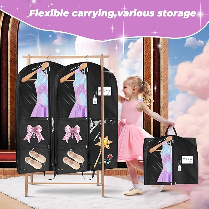 Sishynio Garment Bag, 43 Inch Black Garment-Bags for Hanging Clothes, Clear Waterproof Garment Bags with 5 Pockets, Dance Garment Bags, Kids Garment Bag for Dance Competitions Sports Suit Travel
