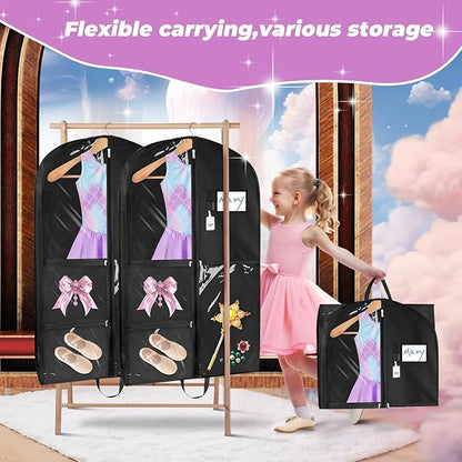 Sishynio Garment Bag, 43 Inch Black Garment-Bags for Hanging Clothes, Clear Waterproof Garment Bags with 5 Pockets, Dance Garment Bags, Kids Garment Bag for Dance Competitions Sports Suit Travel