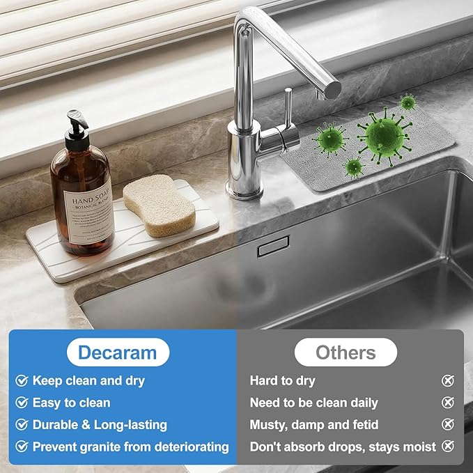 2Pcs Water Absorbing Stone Drying Tray for Bathroom Sink Counter Decor Kitchen Soap Dish Dispenser Trays Sponge Holder White Bathroom Vanity Tray Fast Quick Diatomite Stone Drying Mat for Kitchen Sink