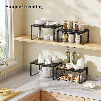 Simple Trending Cabinet Organizer Shelf, Set of 2 Stackable Kitchen Counter Shelves, Expandable Spice Rack Kitchen Storage Riser, Metal Engineered Wood, Black