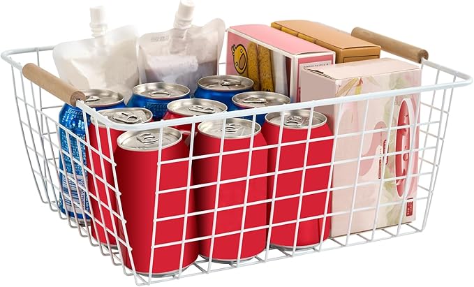 4 Pack White Large Wire Baskets for Organization Metal Wire Food Storage Basket Organizer with Wooden Handles for Organizing Kitchen Cabinets