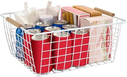 4 Pack White Large Wire Baskets for Organization Metal Wire Food Storage Basket Organizer with Wooden Handles for Organizing Kitchen Cabinets