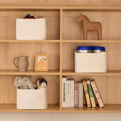 MiniArk Small Organizing Baskets for Cubes Shelf, 9.7x9.7x7.1 Inch Rope Woven Storage Bins for Nursery Shelves Storage, Cute Toy Basket, Square 3 Packs Off White