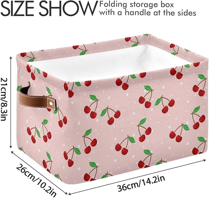 Storage Basket Cherry Rectangular Collapsible Canvas Shelves Storage Bins with Leather Handles for Shelves Home Closet Bedroom Living Room, 1Pack