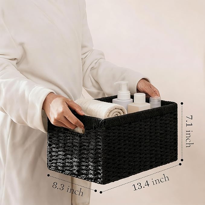 joybest Black Wicker Baskets for Shelves, 13.4L x 8.3W x 7.1H inch Hand-woven Storage Baskets for Pantry Organizing, Foldable Rectangular Bin with Handles, 4-pack