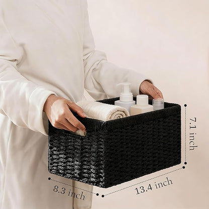 joybest Black Wicker Baskets for Shelves, 13.4L x 8.3W x 7.1H inch Hand-woven Storage Baskets for Pantry Organizing, Foldable Rectangular Bin with Handles, 4-pack