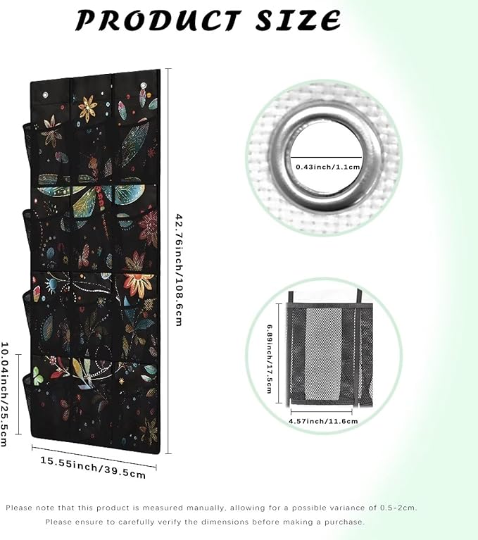 Dragonflies Behind Door Organizer 12 Pockets Over The Door Organizer for Closet Flowers Multi-Pocket Organizer Easy to Install Shoe Holder Hanger for Dorm Room