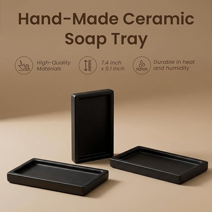 MaisoNovo Black Bathroom Tray Countertop - 7.4x5.1 inch Handcrafted Ceramic Kitchen Tray for Soap Bottles, Perfume, Jewelry - Moisture Resistant - Rectangle Bathroom Dish with 4 Anti-Slip Pads