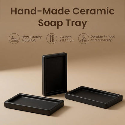 MaisoNovo Black Bathroom Tray Countertop - 7.4x5.1 inch Handcrafted Ceramic Kitchen Tray for Soap Bottles, Perfume, Jewelry - Moisture Resistant - Rectangle Bathroom Dish with 4 Anti-Slip Pads