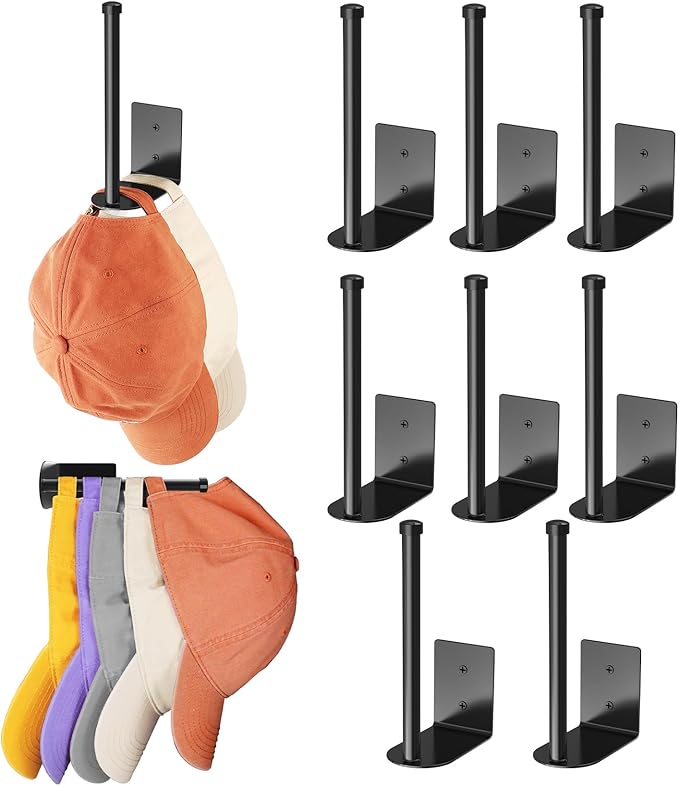 Durmmur 8 Pack Hat Racks for Baseball Caps, Stainless Steel Hat Organizer for Baseball Cap, Hat Holder Storage Organizer, Hat Hanger Strong Adhesive/Wall Drilled for Door, Bedroom, Closet(Black 6 in)