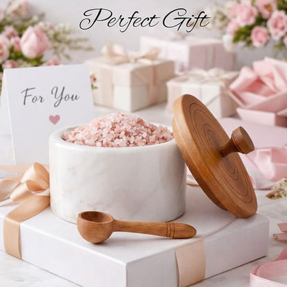 Marble salt cellar with lid and spoon, salt container with spoon, salt bowl with acacia wood lid, salt holder for countertop, salt jar - White
