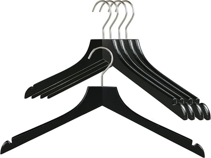 MAWA by Reston Lloyd, European Wooden Hanger, Beech Wood Straight Hanger with Shoulder Notches, Rotating Chrome Hook, Black Finish, for Shirts, Blazers, Dress Clothes Hanger, Set of 5 (26115)