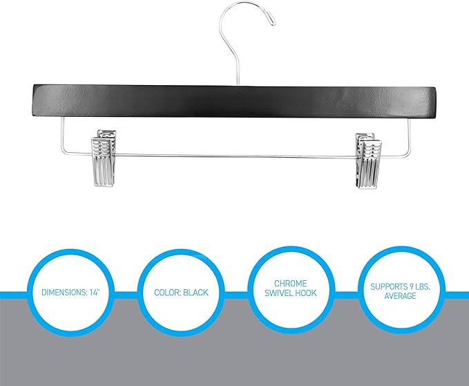 SSWBasics 14 inch Black Wood Skirt and Pants Hangers - Case of 50 - Black Wooden Pants