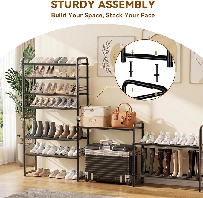 Standard Shoe Rack 4-Tier 32.5 Inches Wide, Free Standing Shoe Organizer for Indoor Outdoor | Adjustable Heavy-Duty Metal Shelf Ideal for Home Entryway Closet & Garage Balcony | Black