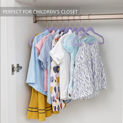 MIZGI Kids Velvet Hangers,Non-Slip Big Kids Hangers,14 Inch Hangers for Youth,Teen Clothes,Pack of 50（Light Purple/Rosegold）