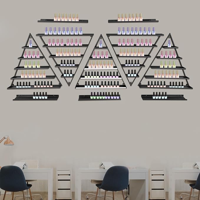 Metal Wall-Mounted Nail Polish Storage Racks, 5 Tiers Nail Polish Storage Racks, 10PCS Triangular Cosmetic Display Racks, Lipstick Perfume Wall Shelf for Spa Nail Salon Shop Home (Black)