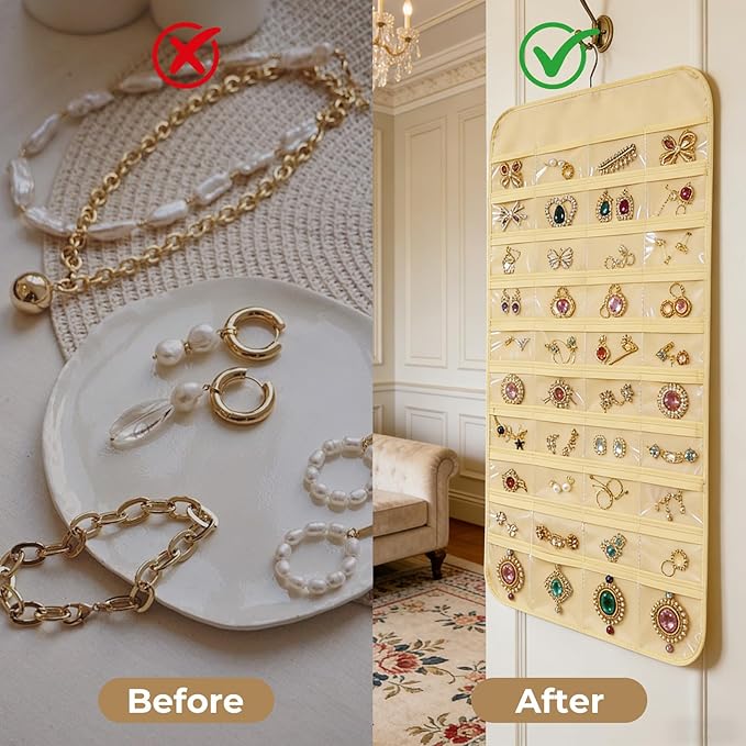 2pcs Hanging Jewelry Organizer,80 Clear Pockets earring organizer and storage, Accessories holder organizer for Closet Jewelries Necklace Travel