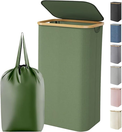 Lifewit 100L Laundry Basket with Lid, Clothes Hampers for Laundry with Bamboo Handles and 1 Removable Bag, Large Foldable Laundry Hamper for Bedroom, Bathroom, Dorm, Laundry Room, Green