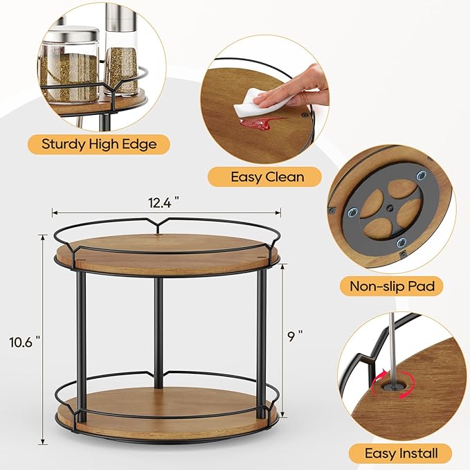 12.4" Lazy Susan Organizer 2 Tier, Rotating Spice Rack, Wooden Spinning Spice Holder for Inside Cabinet, Pantry, Kitchen, Countertop, Bathroom and Vanity, Versatile Storage