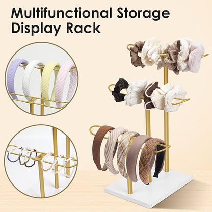 Headband Organizer Metal 3-Tier Hair Hoop Display Stand Headband Holder Organizer Storage Hair Ropes Accessories Bracelets Bangles Bedroom College Dorm Decor for Girls Women, Gold