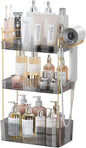 Akinbas 3 Tier Bathroom Organizer Countertop Makeup Perfume Tray Skincare Organizer Comes with Hair Dryer Rack and Toothbrush Holder for Bathroom Dresser Vanity (Grey)