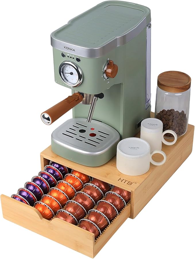 HTB K Cup Coffee Pod Holder, Drawer Type K Cup Organizer Storage, Compatible with K-Cup Pods, Space-Saving Coffee Capsule Drawer- Holds 40 Nespresso Capsules Coffee Pods Bamboo Single Drawer