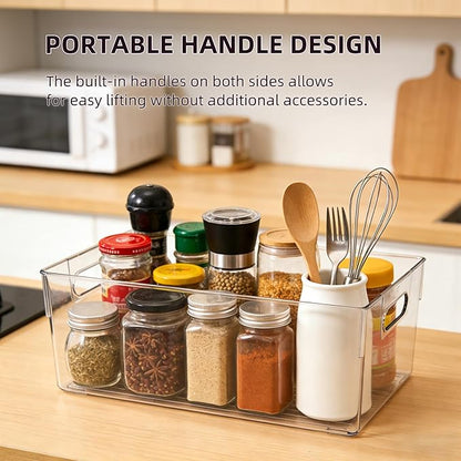 6 Pack Thick Clear Stackable Storage Bins, Cabinet Organizer, Plastiic Containers with Handle for Kitchens, Bathrooms and Fridge and Desktop