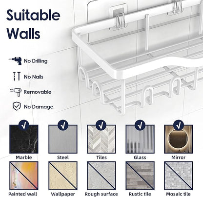 NESOMI Shower Caddy Adhesive Shower Organizer 7-Pack, Rustproof Stainless Steel Bathroom Shelves, Large Capacity No-Drill Rack Storage Accessories with Soap Dish Toothbrush Holder Hooks