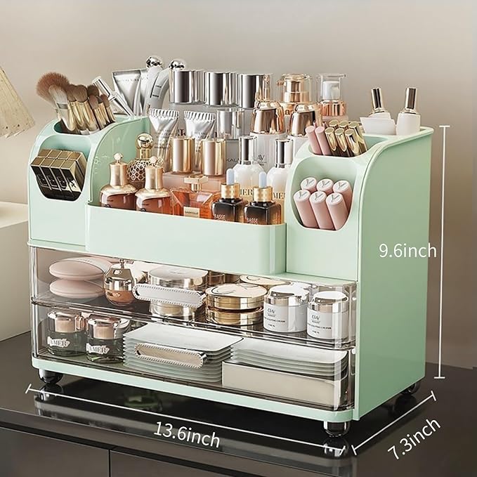 Makeup Organizer with Drawers for Vanity,Bathroom Countertop Organizer with Brushes Holder,Skincare Storage Organizer for Lipsticks,Nail Polishes, Perfumes,Eyeshadow Palettes (Green)