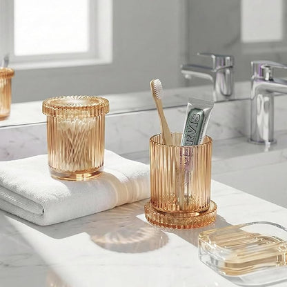 Bathroom Organizers and Storage,2 Pack Glass Qtip Holder Dispenser,Bathroom Essentials Accessories Decor,Vanity Makeup Storage Organizer for Cotton Swabs,Cotton Balls,Pads,Floss Picks (Amber)