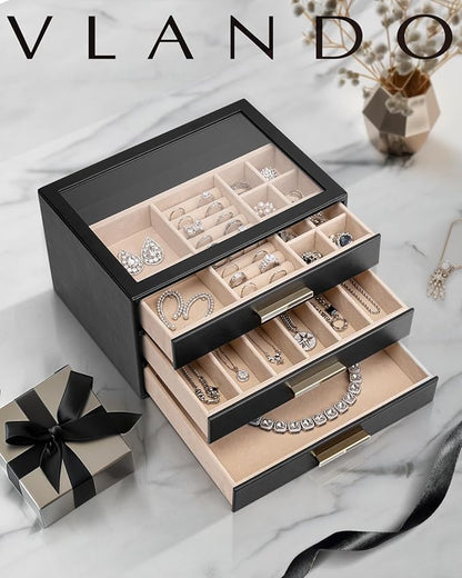VLANDO Jewelry Box for Women, 3-Layer Jewelry Organizer with Drawers, Glass Lid Display Jewelry Storage, Soft PU Leather Exterior, Contrast Gold Metal Handles, Refined Style - Obsidian