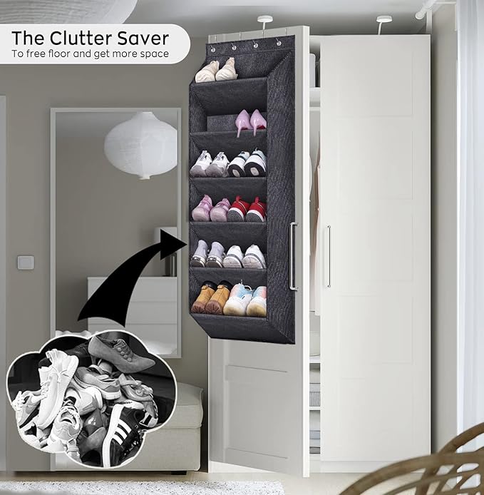 SLEEPING LAMB Shoe Rack for Door with Large Deep Pocket, Hanging Door Shoe Organizer for Closet Hanger, Dorm and Narrow Sneaker Storage Holder, Black