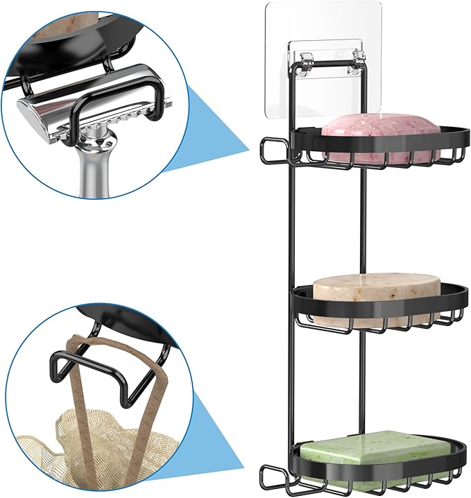 MASADI 3 Tier Soap Dish Holder,Soap Bar Holder with Hooks, Shampoo Bar Caddy for Shower Wall, Razor Holder for Shower, Bar Soap Container 304 Stainless Steel, Bathroom(Black)