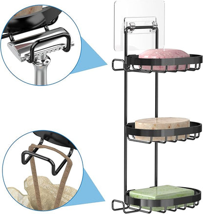MASADI 3 Tier Soap Dish Holder,Soap Bar Holder with Hooks, Shampoo Bar Caddy for Shower Wall, Razor Holder for Shower, Bar Soap Container 304 Stainless Steel, Bathroom(Black)