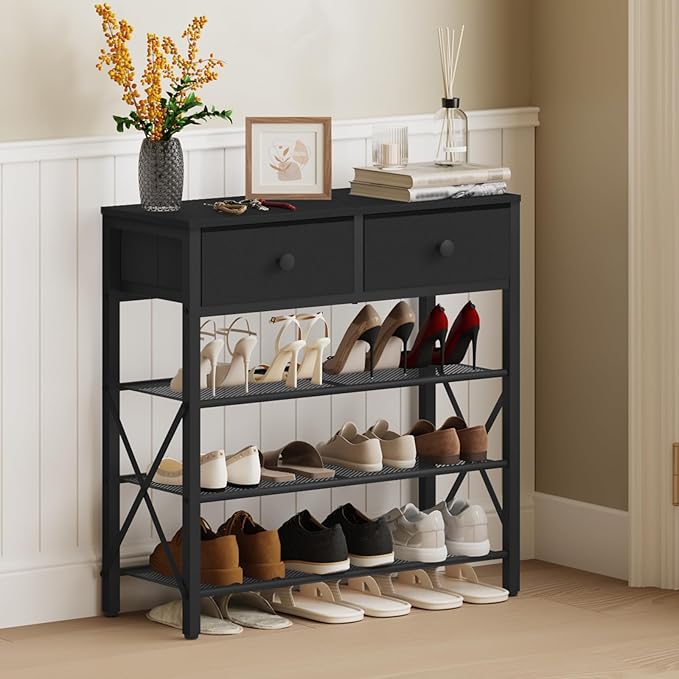 YATINEY 4 Tier Shoe Rack, Large Capacity Shoe Storage Organizer, Metal Shoe Shelf with Drawer and Wooden Top, for 16 Pairs of Shoes, for Entryway, Closet, Black SS24BB