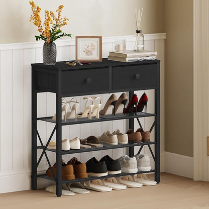 YATINEY 4 Tier Shoe Rack, Large Capacity Shoe Storage Organizer, Metal Shoe Shelf with Drawer and Wooden Top, for 16 Pairs of Shoes, for Entryway, Closet, Black SS24BB