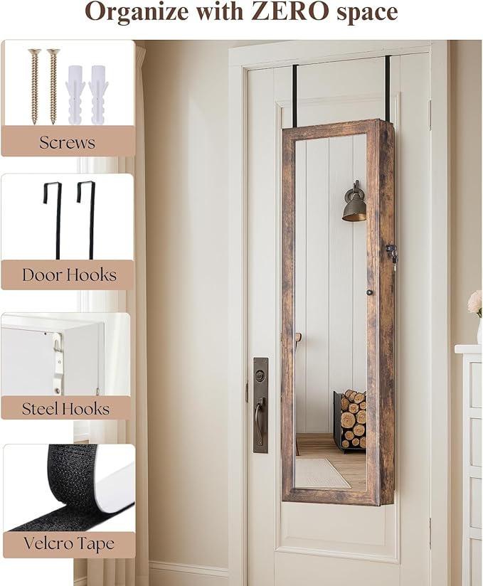 BTEXPERT 47" Mirror Jewelry Cabinet Armoire with 6 LED Lights, Large Full Length Jewelry Organizer with Storage, Wall-Mounted or Door-Hanging Mirror Cabinet, Rustic Brown,Lock Key