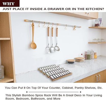 Bamboo Spice Rack Drawer Organizer - 8 Pieces Set- 9" Wide Per Piece - Combine Pieces Into 18" Wide Rack (9" or 18")
