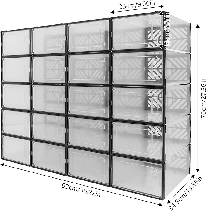 20 Pack Shoe Storage Boxes, Plastic Stackable Foldable Shoe Boxes with Clear Front Opening Door for Sneakers Flats Slippers Sandals Casual Shoes, Space Saving, 13.58*9.06*5.51in (Black)