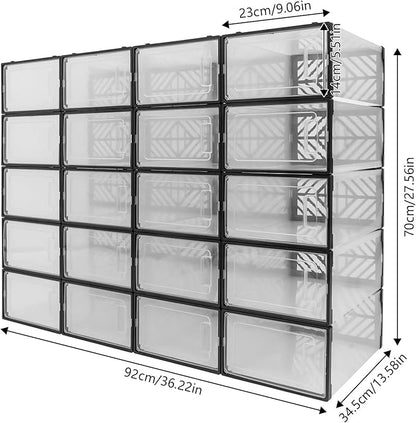 20 Pack Shoe Storage Boxes, Plastic Stackable Foldable Shoe Boxes with Clear Front Opening Door for Sneakers Flats Slippers Sandals Casual Shoes, Space Saving, 13.58*9.06*5.51in (Black)