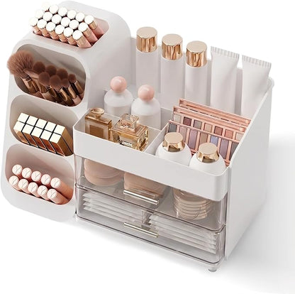 Booklov Makeup Organizer for Vanity, Large Capacity Cosmetic Display Case with Clear Acrylic Drawer, Countertop Beauty Storage Holder for Skincare, Brush Eyeshadow Lipstick Counter Desk, Crystal White
