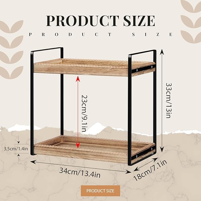 DoubleFill Bathroom Countertop Organizer, 2 Tier Wood Bead Vanity Organizer Tray for Bathroom Cosmetic Skincare Perfume Kitchen Coffee Station Organization(Brown,Classic)