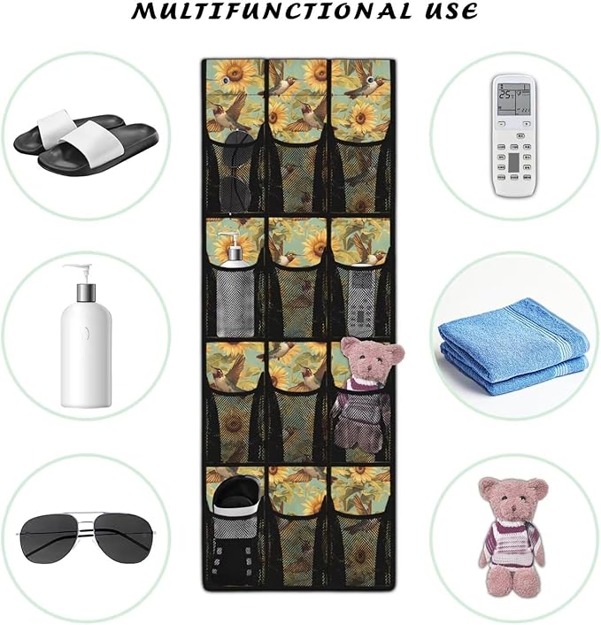 Hummingbird Sunflower Over the Door Shoe Organizer 12 Large Pockets Hanging Shoe Rack for Closet Sturdy Oxford Fabric Door Shoe Organizer