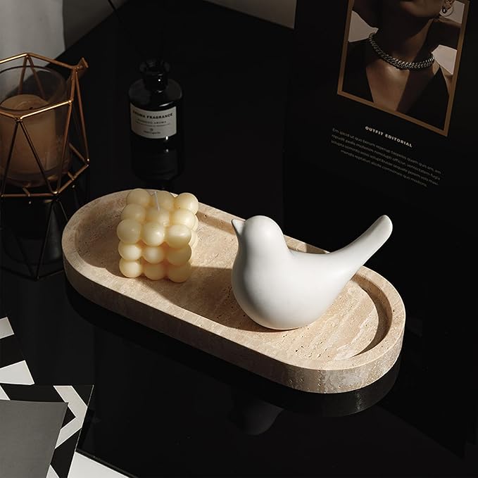Marble Vanity Tray 11.8" x 5" Italy Natural Travertine Stone Decorative Trays for Jewelry Candles Perfume, Countertop Storage Organizer for Bathroom Dresser Kitchen Home Decor Beige (WH033)