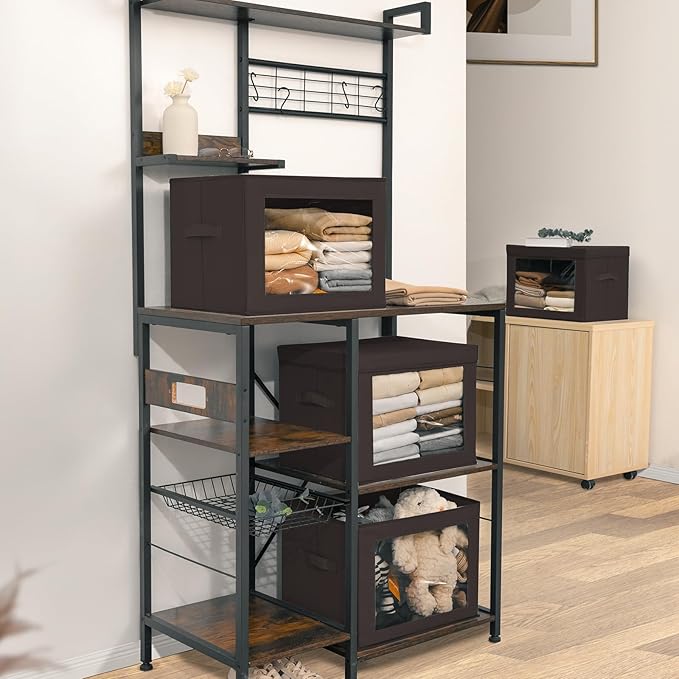 Homsorout Stackable Storage Bins with Lids - Large Storage Box with Lids, Foldable Closet Boxes for Organizing, Wardrobe Clothes Organizer with Window, Cubes Bins for Living Room, 3 Pack, Brown